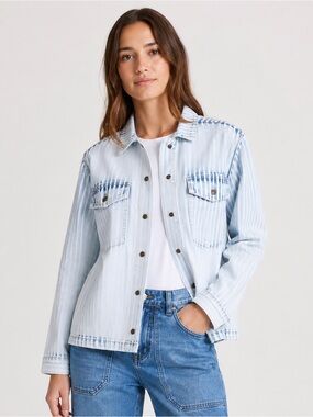 Faherty Topsail Savannah Jacket Railroad Stripe Denim Chore Coat | Small